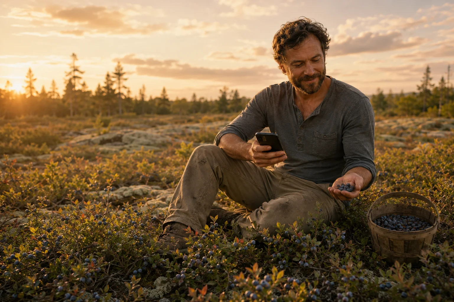 A man sitting cross-legged in an open lowbush blueberry barren at golden hour, wooden pail at his side.