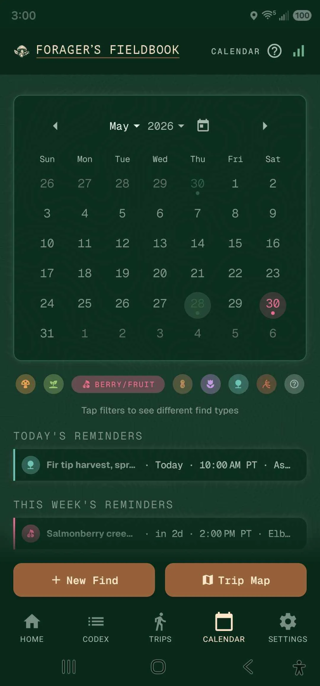 Monthly calendar with harvest readiness badges across the season