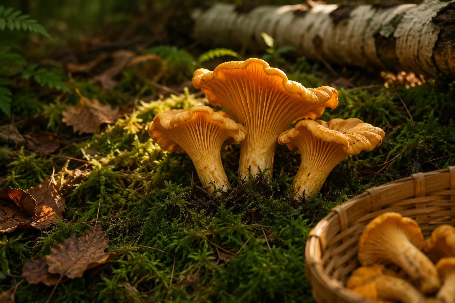 A close-up of golden chanterelles growing in mossy forest floor, a woven basket at the edge with already-picked chanterelles inside.