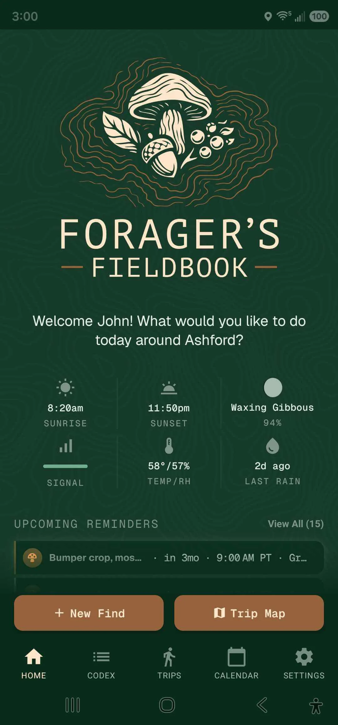 Home screen in Forager's Fieldbook with the wordmark, New Find and Start Trip actions, and recent finds.