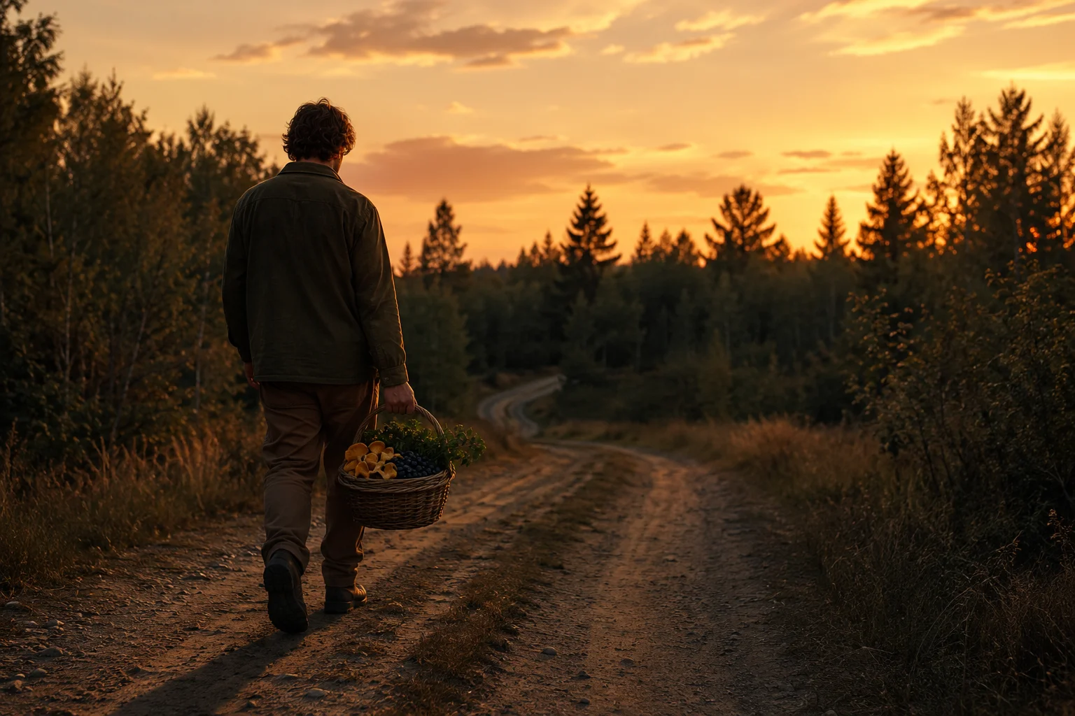 A solo forager walking a two-track path out of the woods at last light, basket in hand.