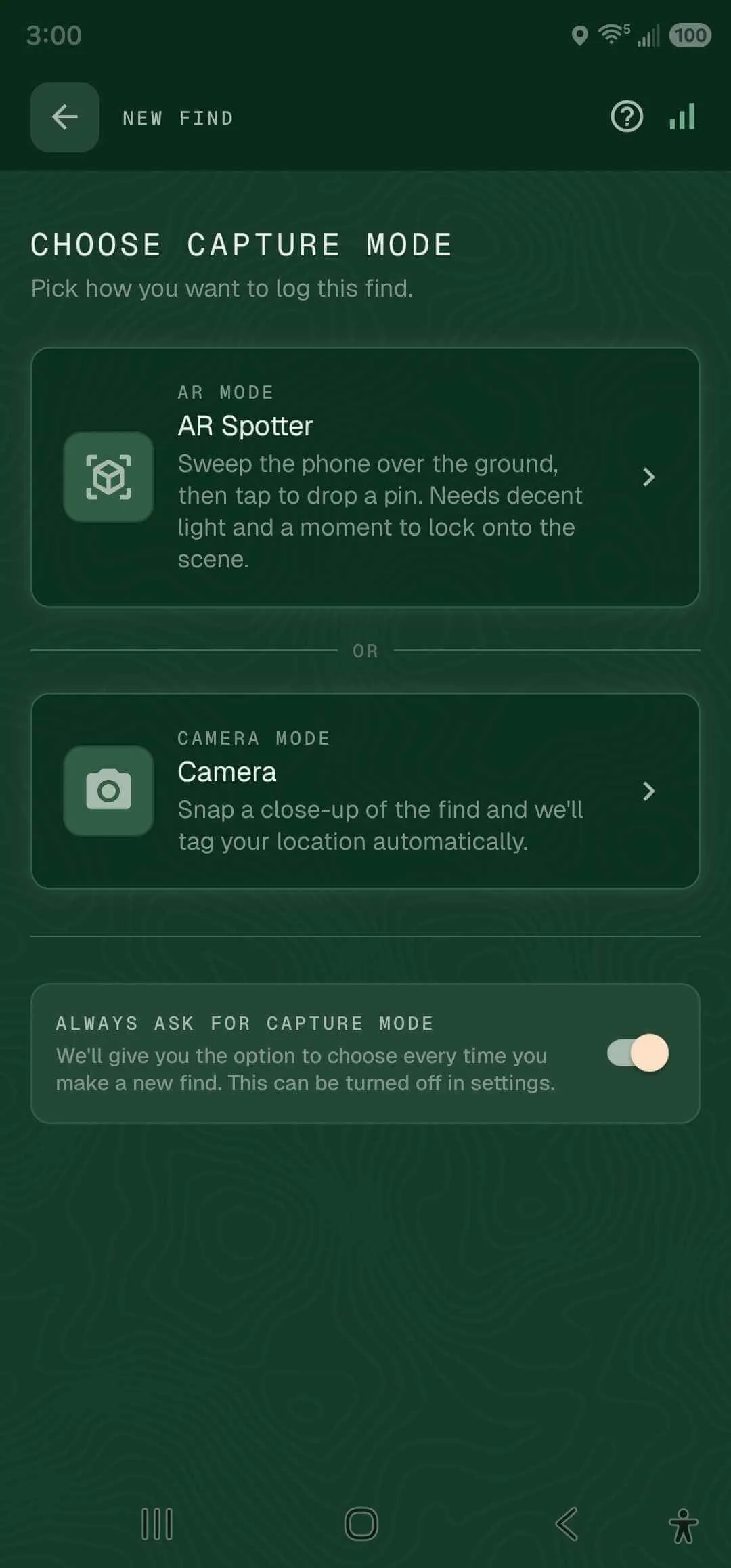 Choose capture mode screen with AR Spotter and Camera options