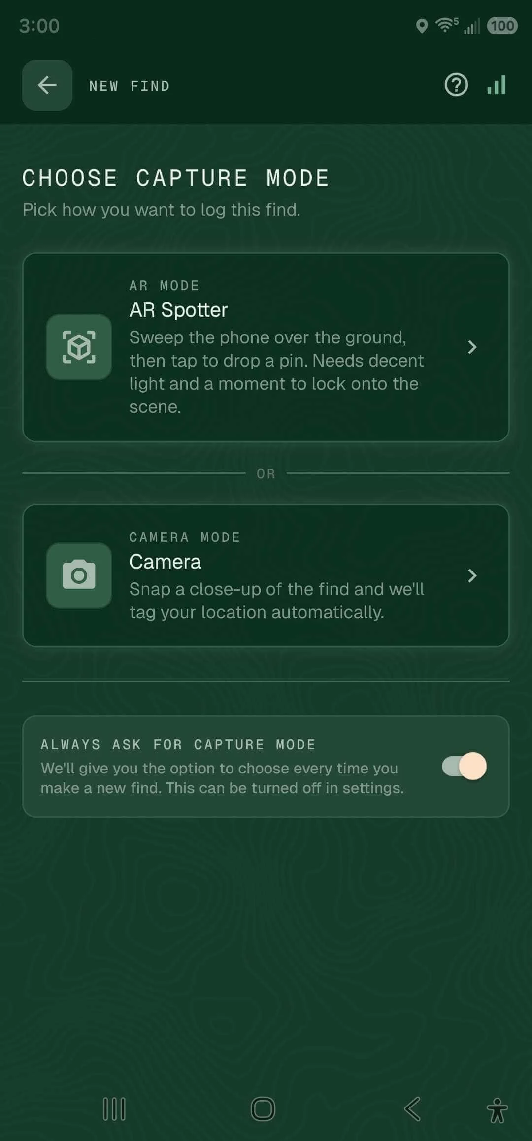 Choose capture mode — AR Spotter or Camera
