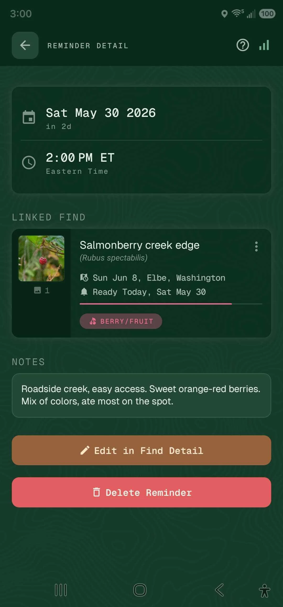 Harvest reminder — tap to jump to the find