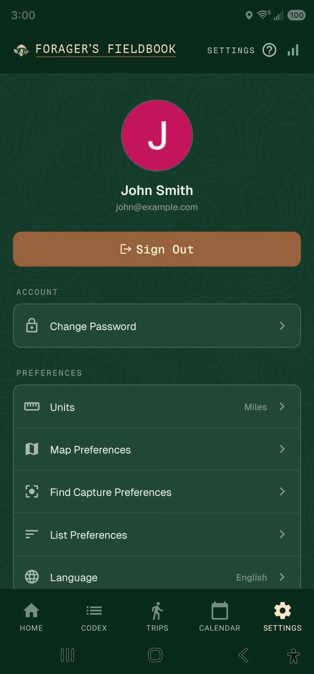 Settings screen with preferences, account controls, and a delete-account option