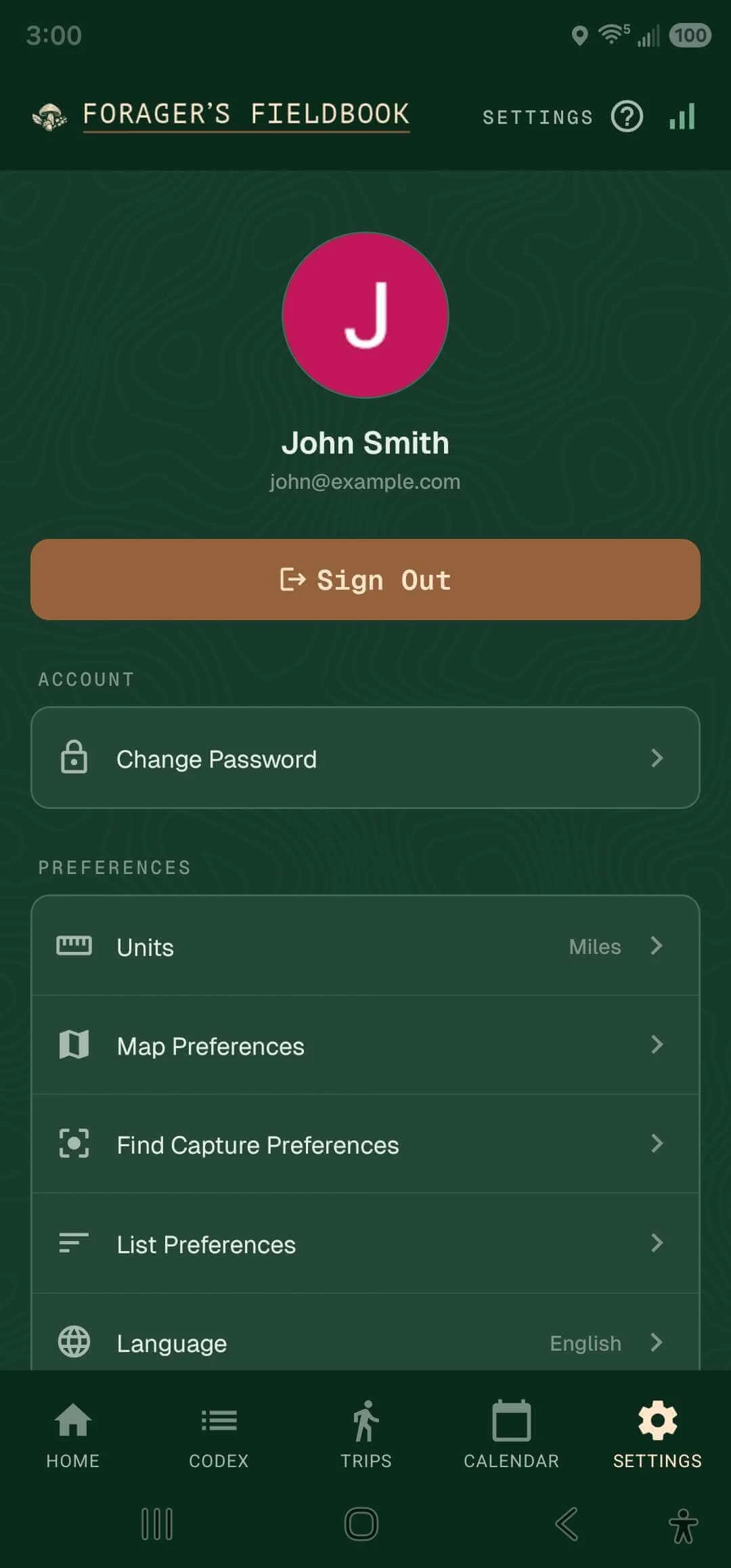 Settings — units, defaults, account controls, and delete account