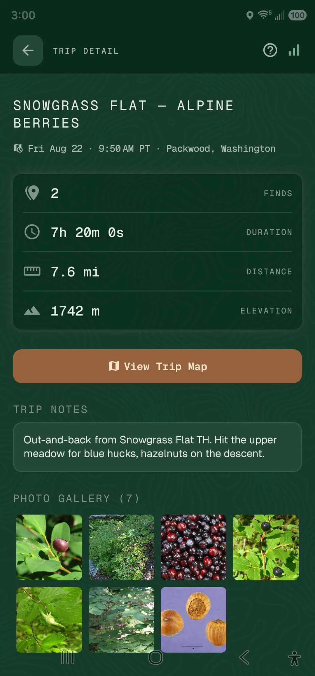 Trip summary with distance, duration, elevation and linked finds
