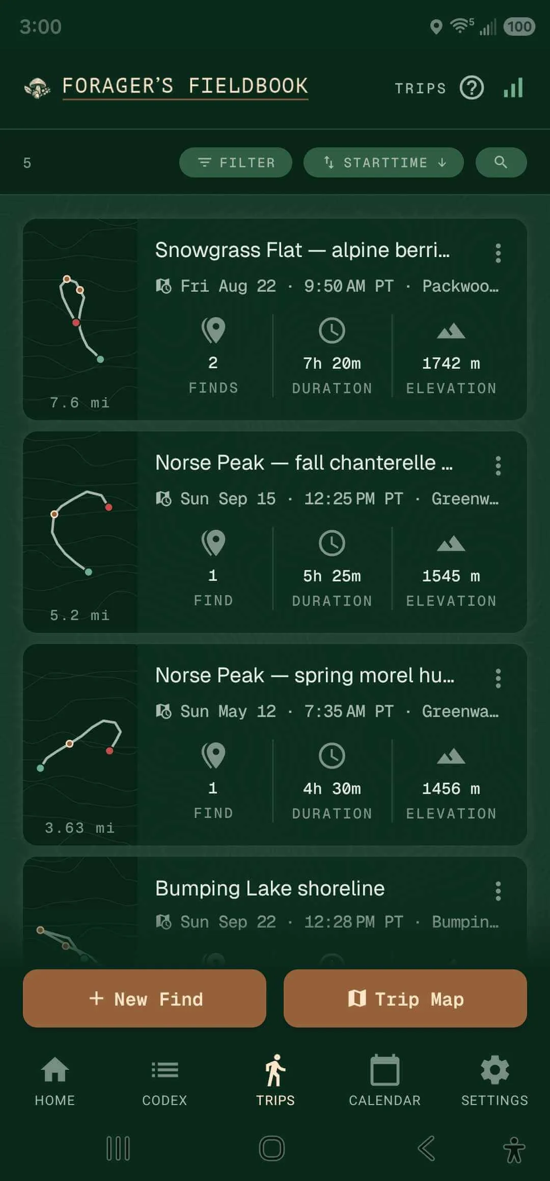 Trips list with mini route maps, distance, duration, elevation, and find counts across multiple past forages