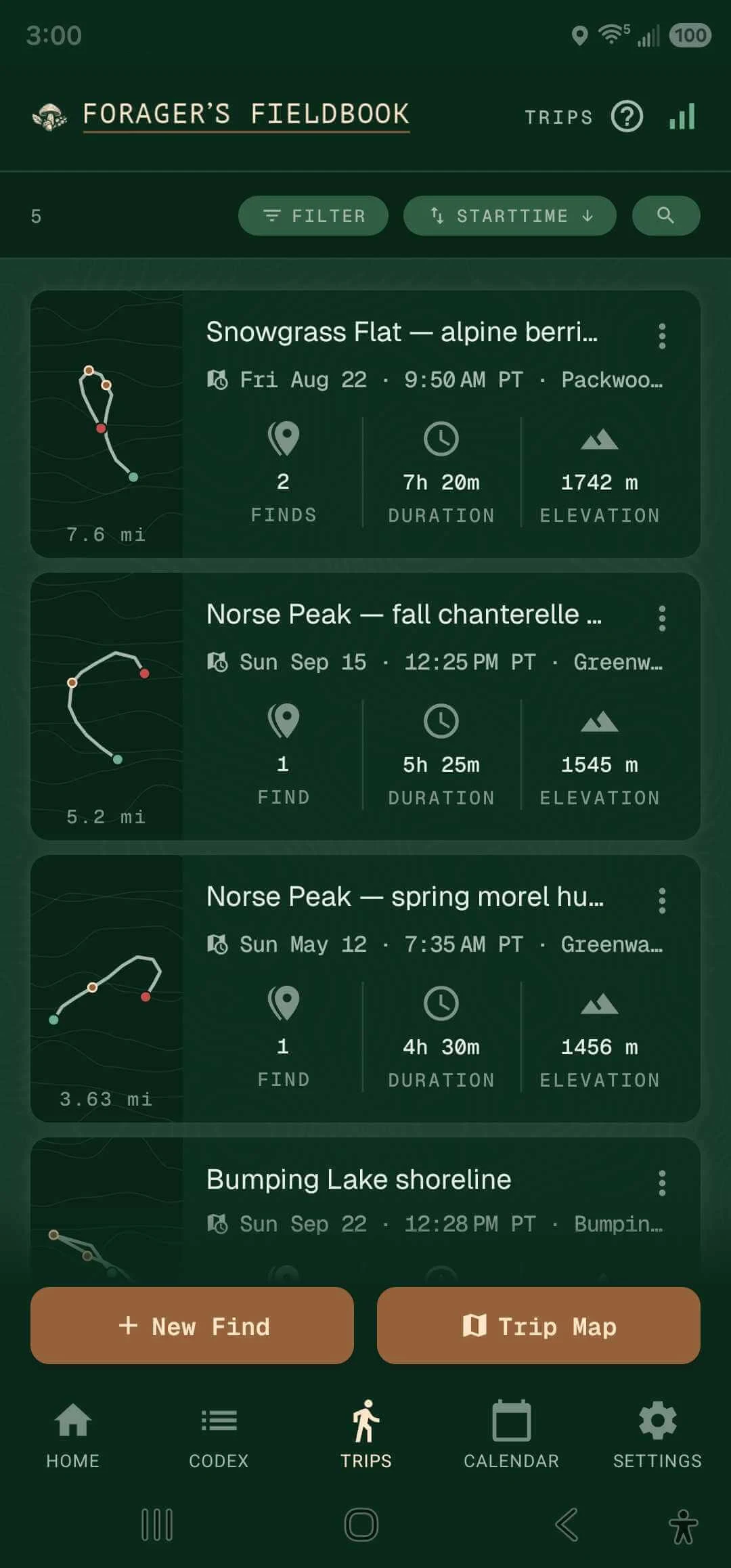 Trips — your season-long catalog of forages with mini routes and stats