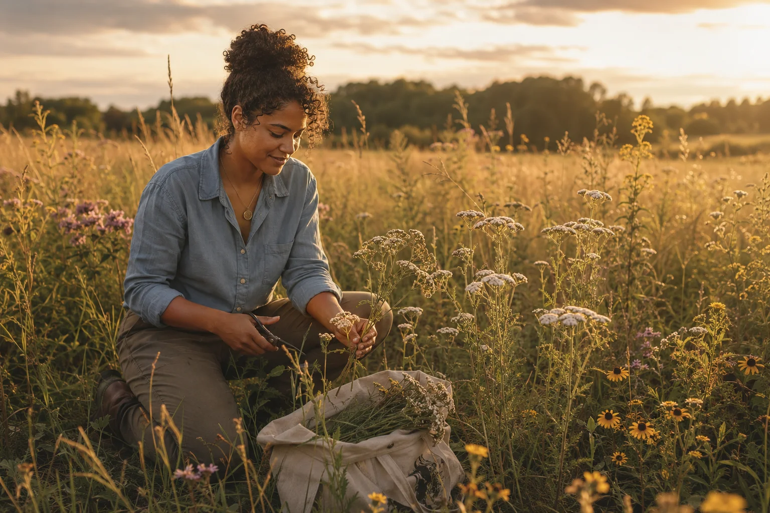 A forager kneeling in a sunlit midsummer meadow, gathering yarrow into a canvas bag.